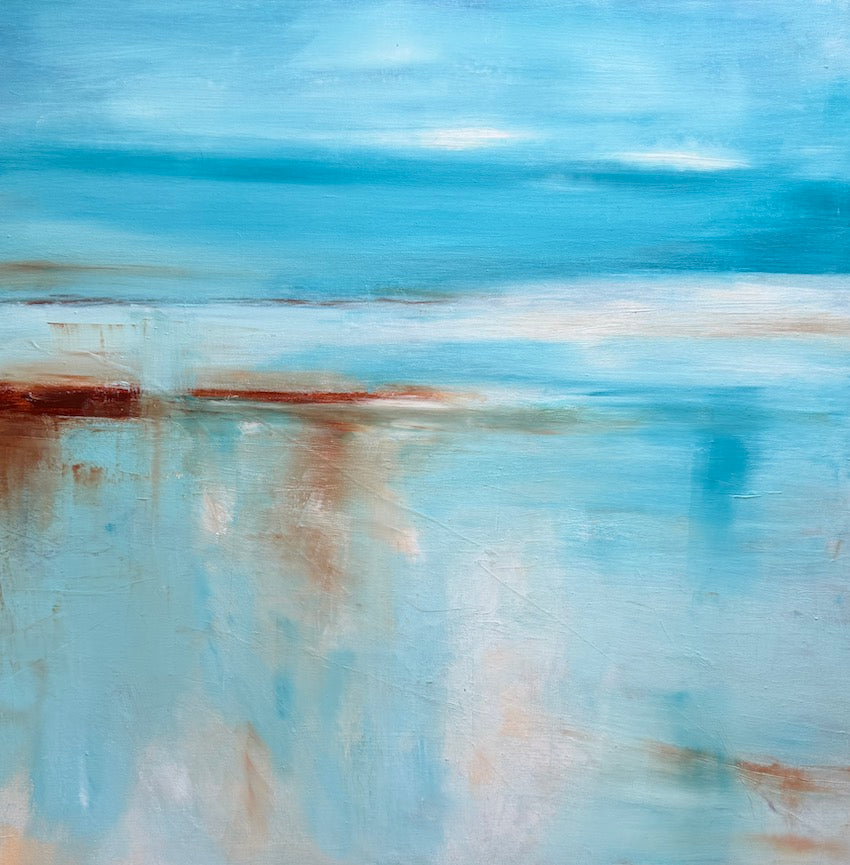 An abstract landscape painting featuring textured horizontal bands of sky blue, teal, white, and soft brown, resembling a coastal scene with water and distant landforms by maggie cochran