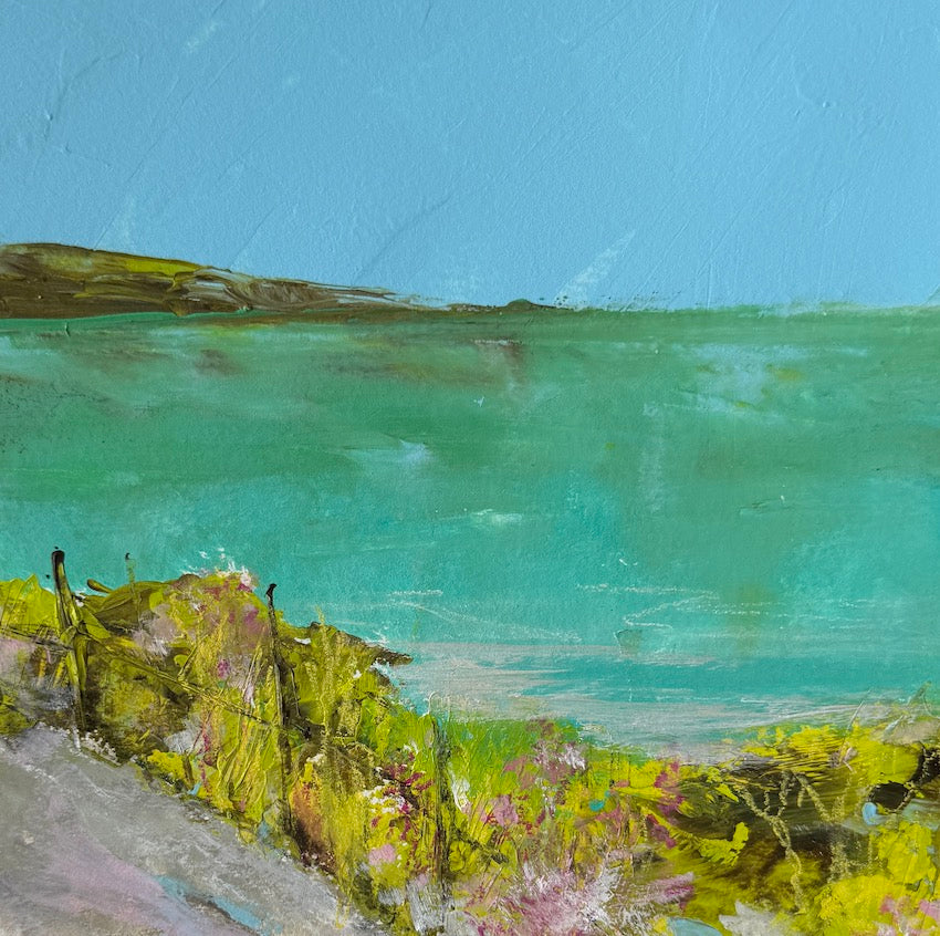 turquoise sea and wildflowers in the hedgerow original painting