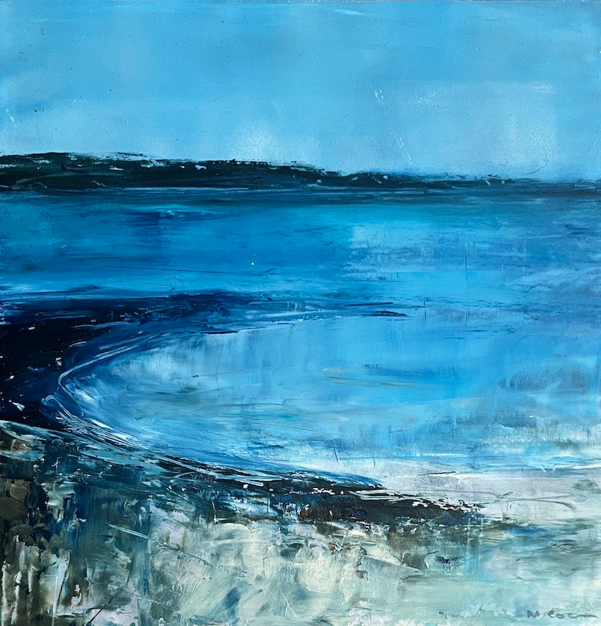 blue winter light on coast in Scillies by artist Maggie Cochran