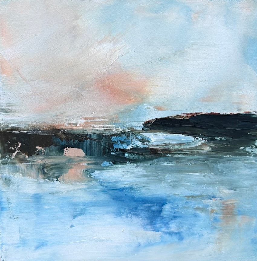 An abstract landscape painting featuring textured brushstrokes of blue, white, black, and soft peach tones, depicting a coastal or water scene by Maggie Cochran