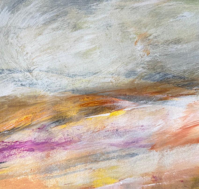 Abstract landscape painting with textured brushstrokes in grey, brown, yellow, and purple tones by Maggie Cochran