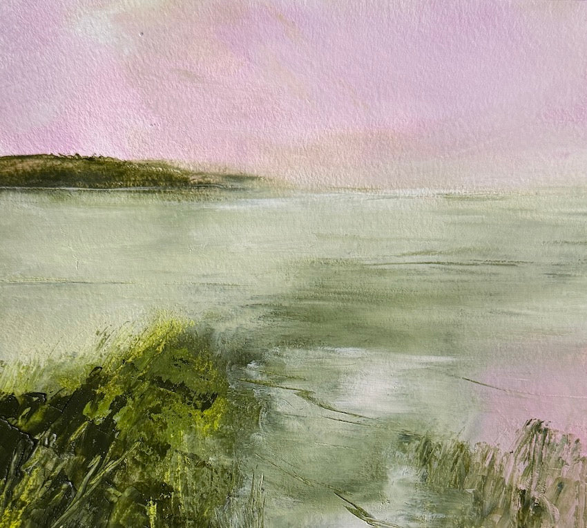 A soft-focus oil painting of a coastal landscape, with a pale pink sky, muted green-grey water and a green shoreline on the left