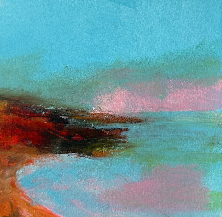 An impressionistic coastal landscape painting featuring a bright turquoise sky, a pink and teal sea, dark rocky shoreline, and sandy beige beach tones by Maggie Cochran