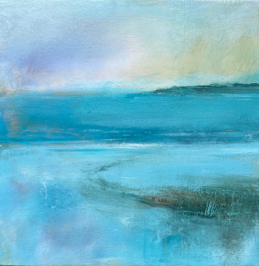 soft meditative coastal oil painting with pink evening sky