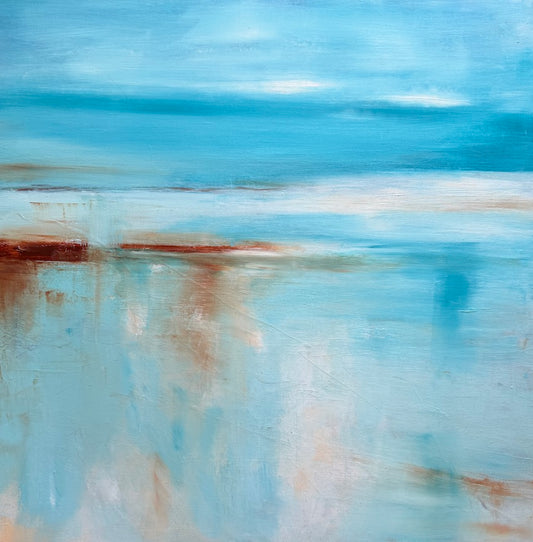 An abstract landscape painting featuring textured horizontal bands of sky blue, teal, white, and soft brown, resembling a coastal scene with water and distant landforms by maggie cochran