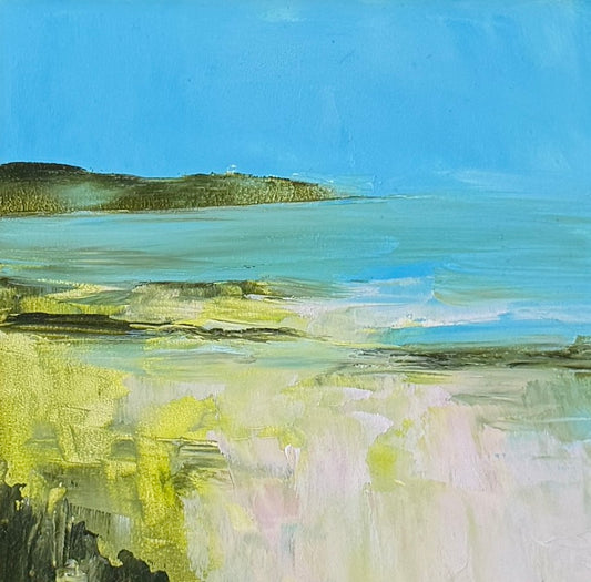 An abstract landscape painting featuring a bright blue sky, a calm sea in shades of blue and green, and a sandy, textured foreground in pale yellow, beige, and white tones.