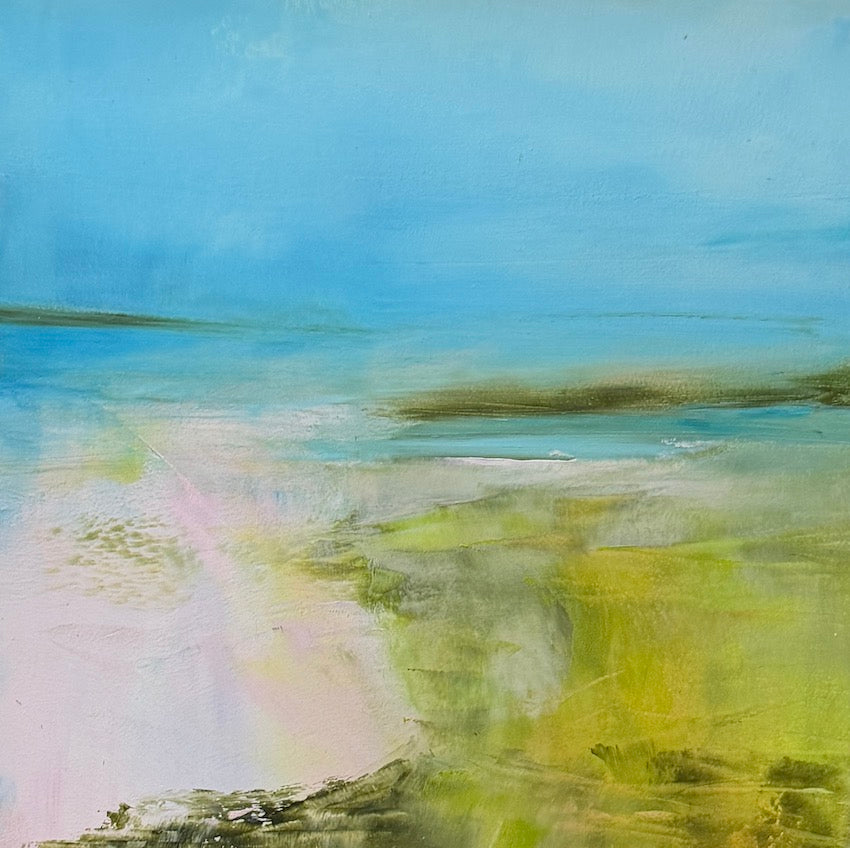 meditative joyful coastal oil painting in pinks and greens and blues