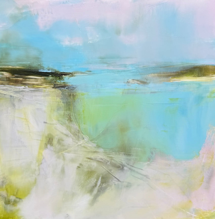 An abstract landscape painting featuring a soft blue sky, a light green and turquoise body of water with soft pinks in the foreground. original coastal painting by Maggie Cochran