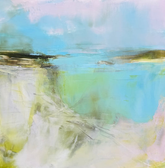 An abstract landscape painting featuring a soft blue sky, a light green and turquoise body of water with soft pinks in the foreground. original coastal painting by Maggie Cochran