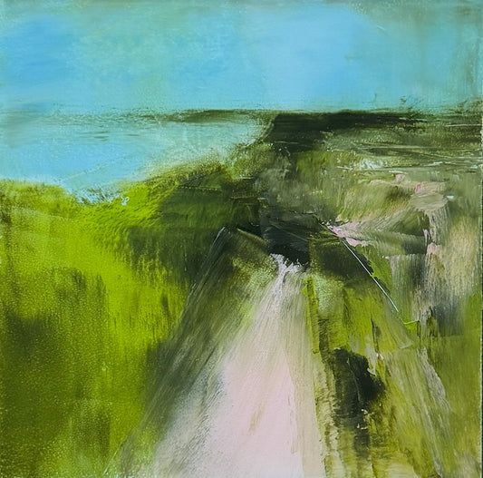 coastal path oil painting in pinks and greens 