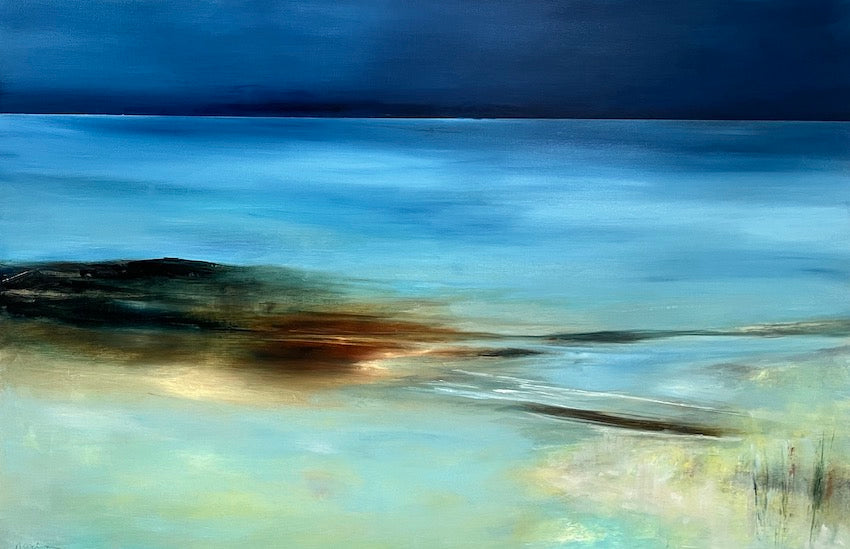 warm autumn hues in this coastal painting with calm sea and sun kissed rocks and reflections