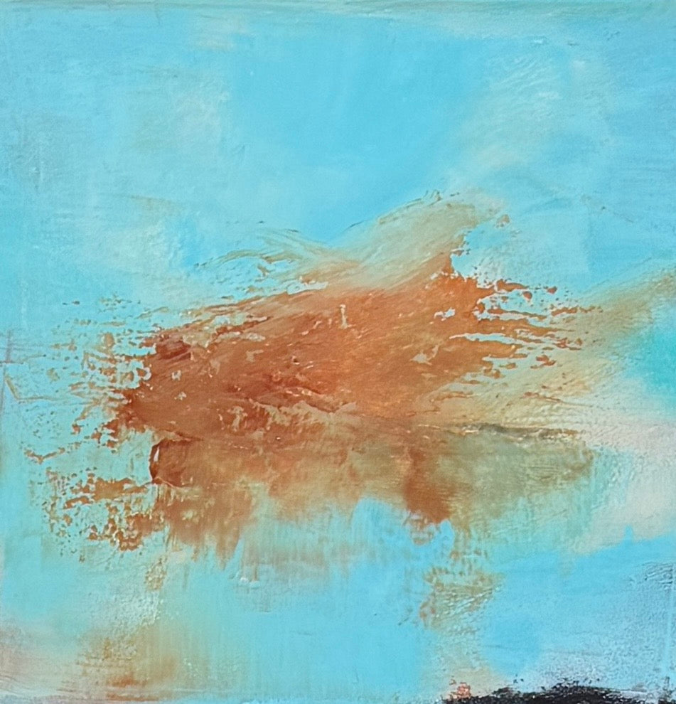 Abstract painting featuring a textured splash of terracotta over a light blue background by maggie cochran