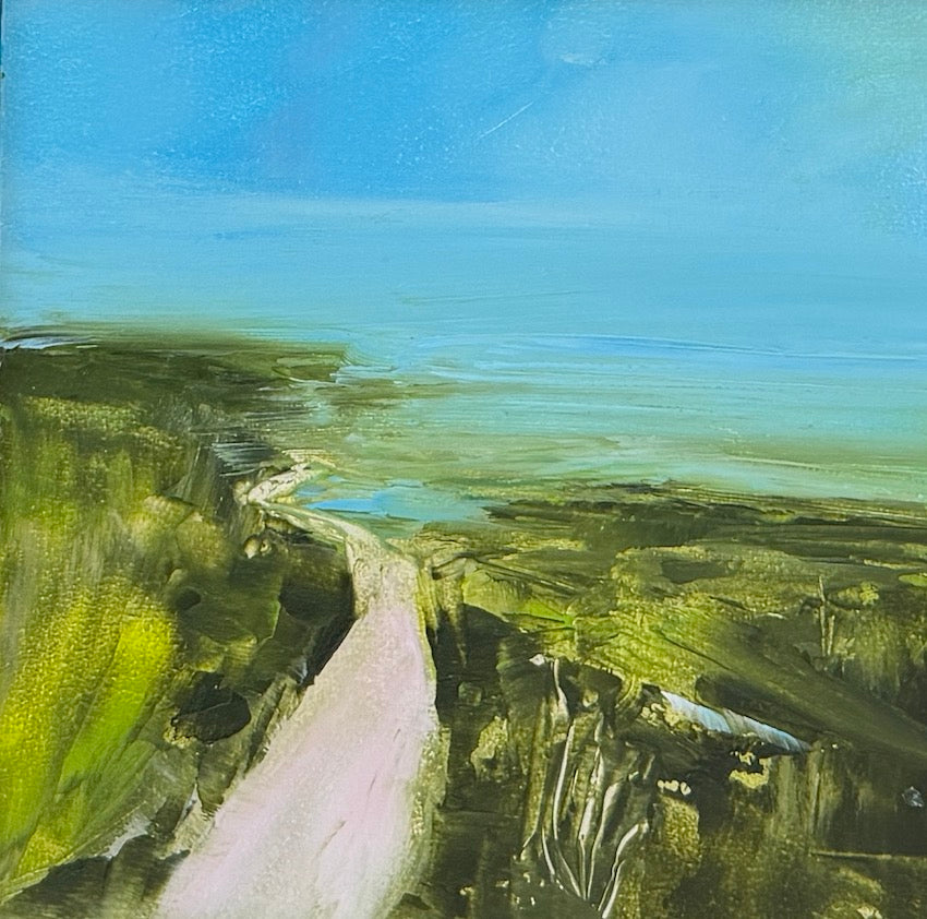 cornish coast path oil painting in pinks and greens