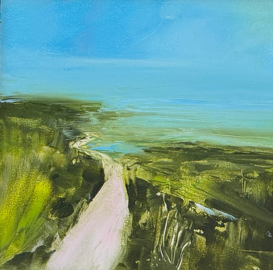 cornish coast path oil painting in pinks and greens