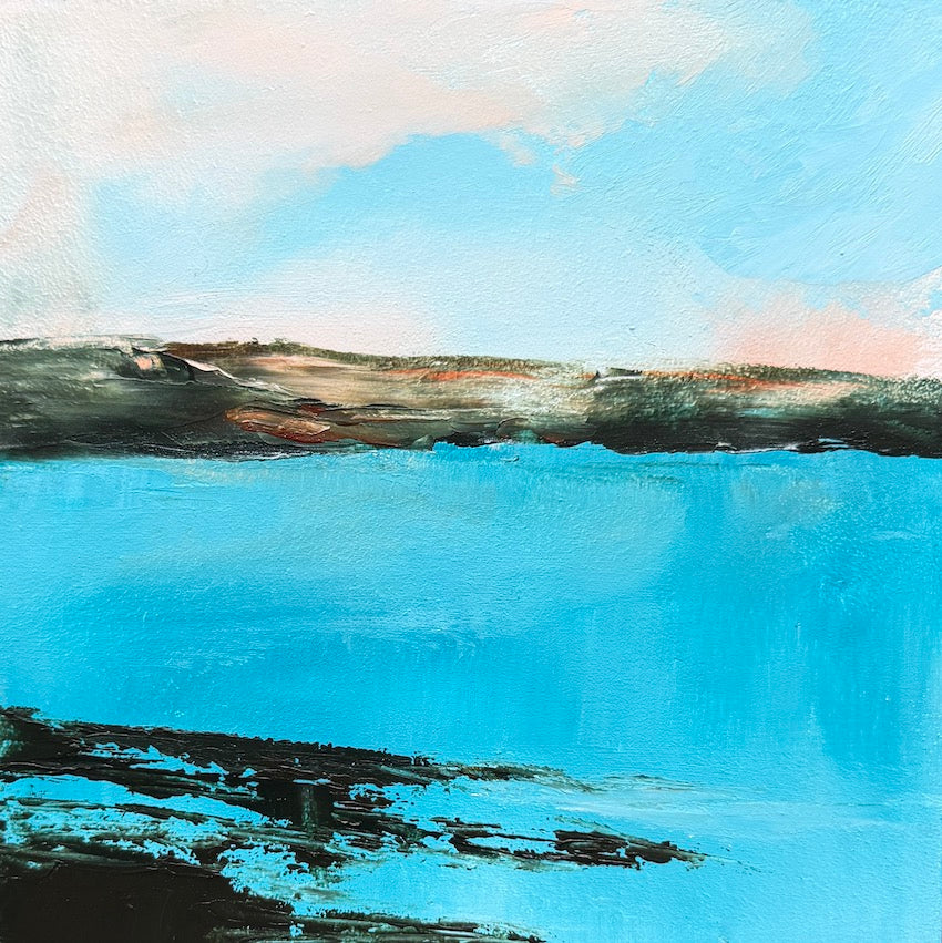An abstract coastal landscape painting featuring a bright turquoise blue sea, a darker shoreline  and a soft pale blue sky by Maggie Cochran