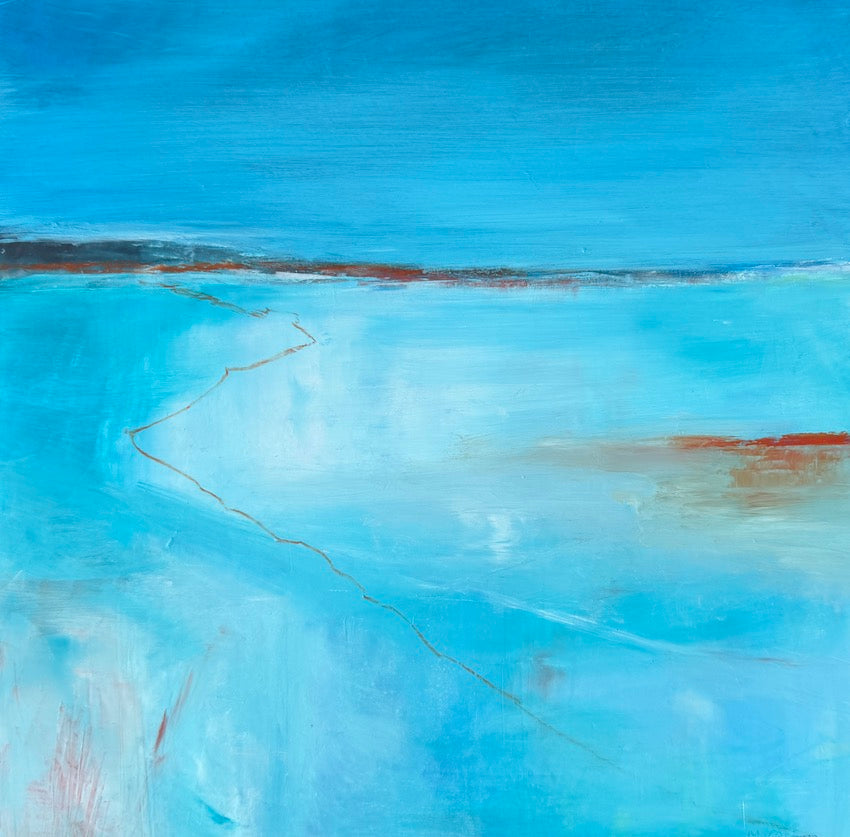 An abstract landscape painting featuring a gradient of blue and turquoise tones, with a thin orange line tracing a winding path across the canvas by maggie cochran