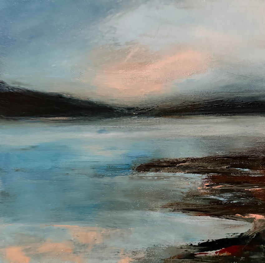 coastal oil painting with warm autumn sky by Maggie Cochran