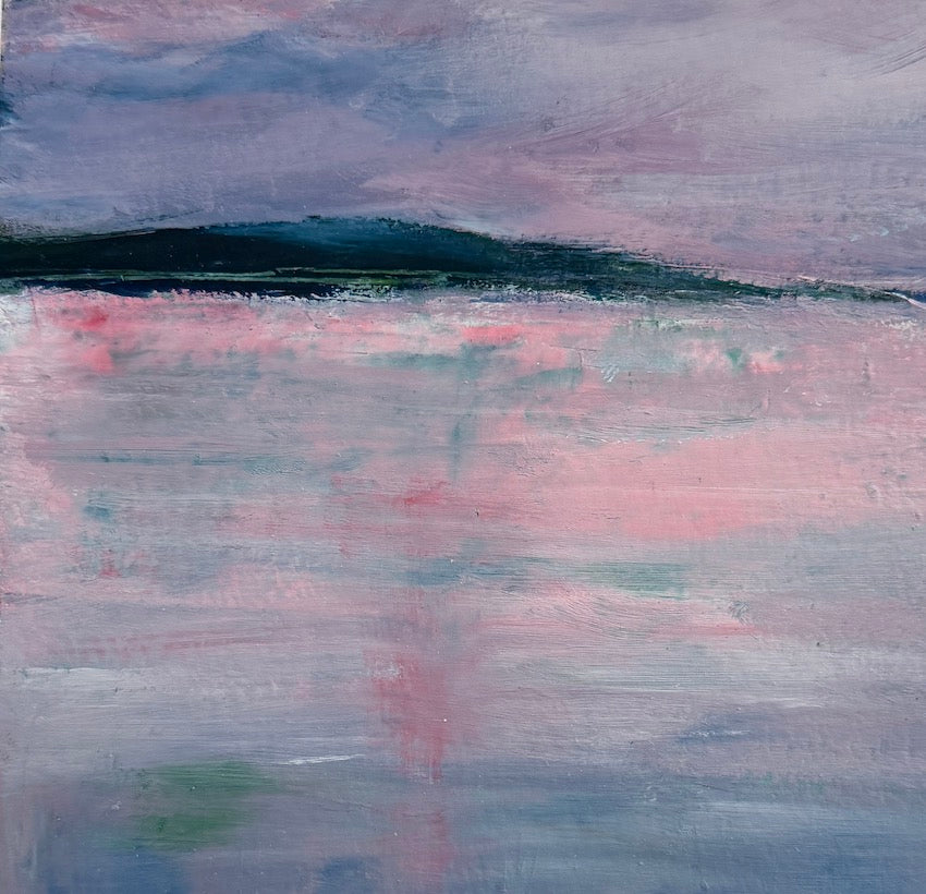 sunset coastal painting with pink sky and reflections