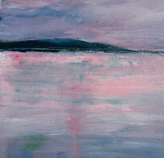 sunset coastal painting with pink sky and reflections