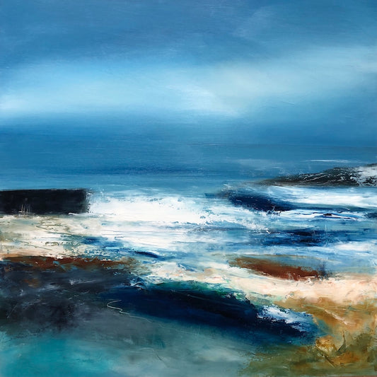 Seaspray and waves on the beach in an original oil painting by artist Maggie Cochran