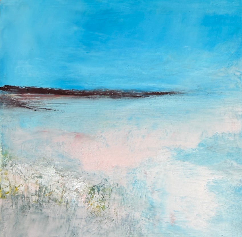 soft gentle coastal painting with blue sky and wildflowers