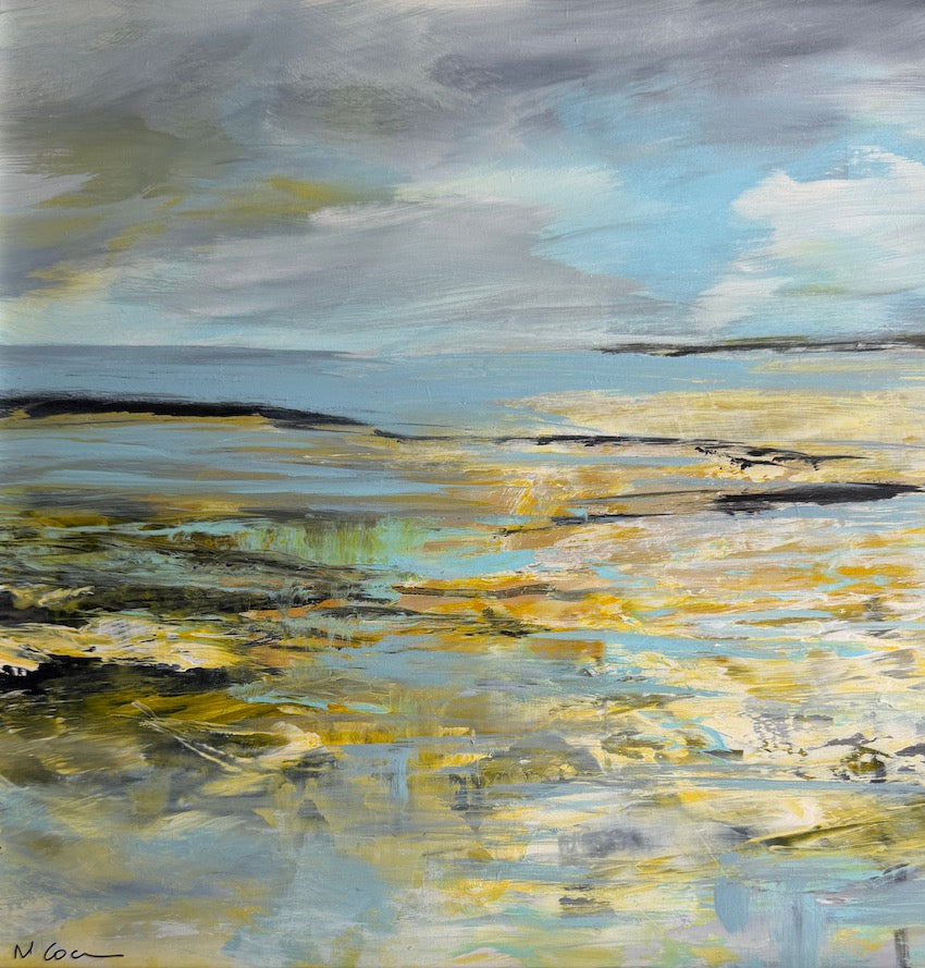 coastal painting of beach at low tide in yellowa and blue