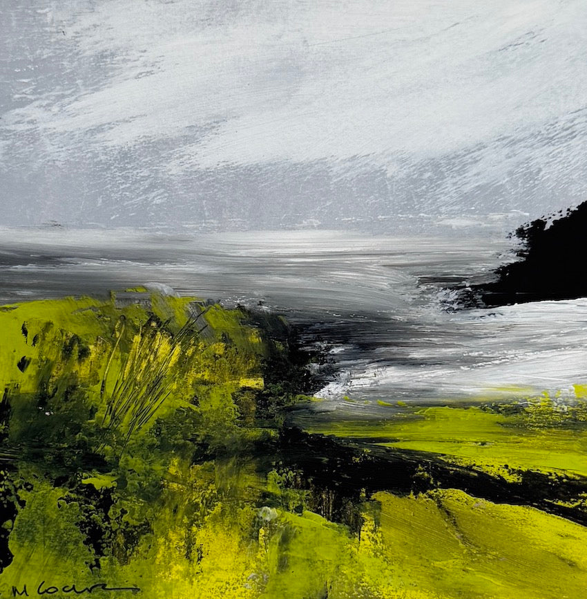 stormy sky and vibrant greens in this coastal landsacpe painting