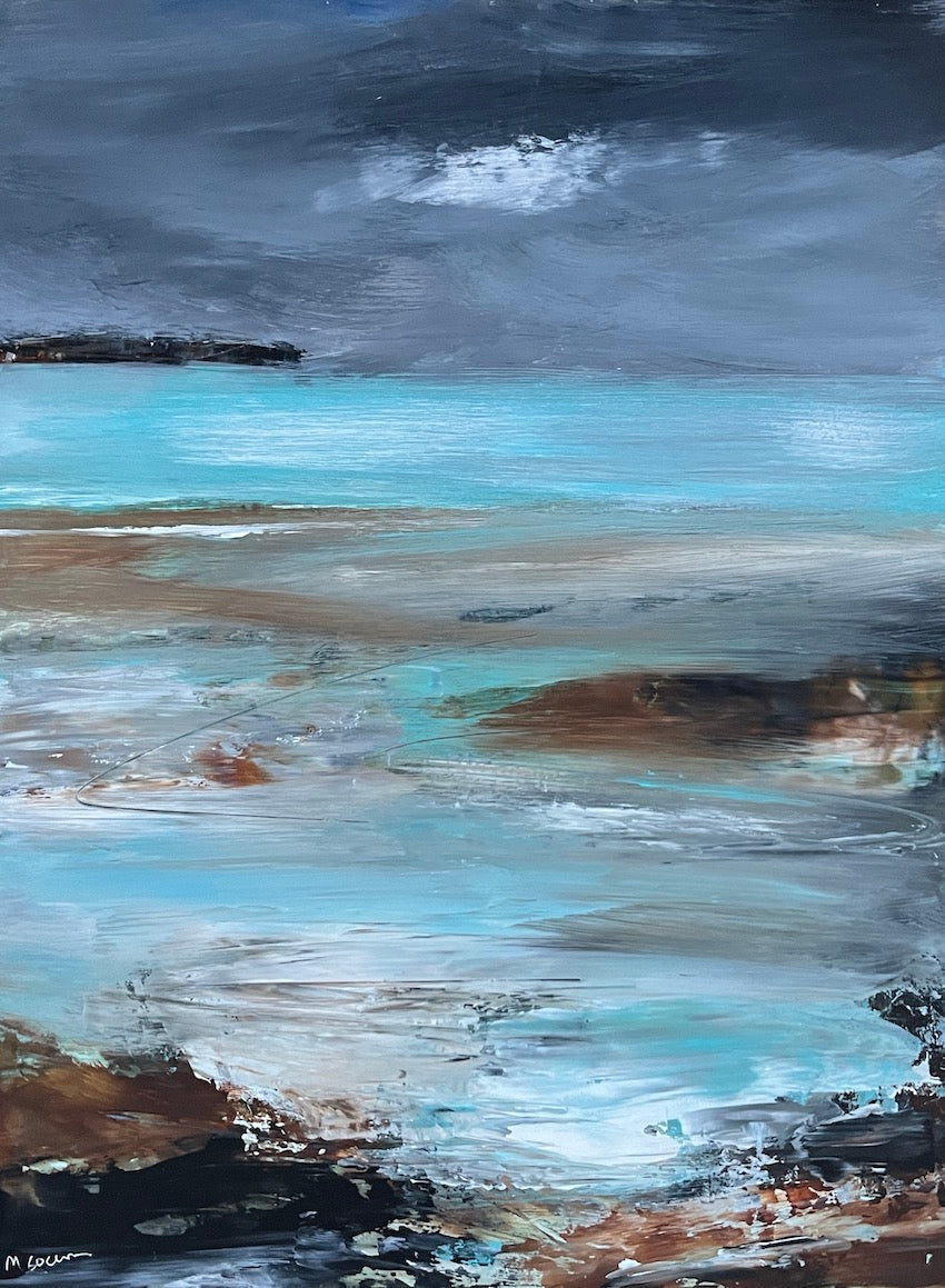 winter coastal landscape with grey skies and turquoise seas