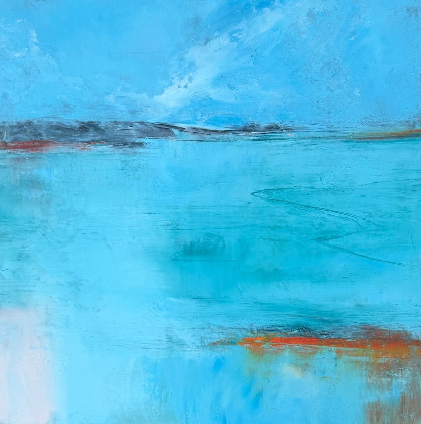 An abstract landscape painting featuring a bright blue sky and sea, with textured brushstrokes of gray, white, and orange along the horizon and lower edge by maggie cochran