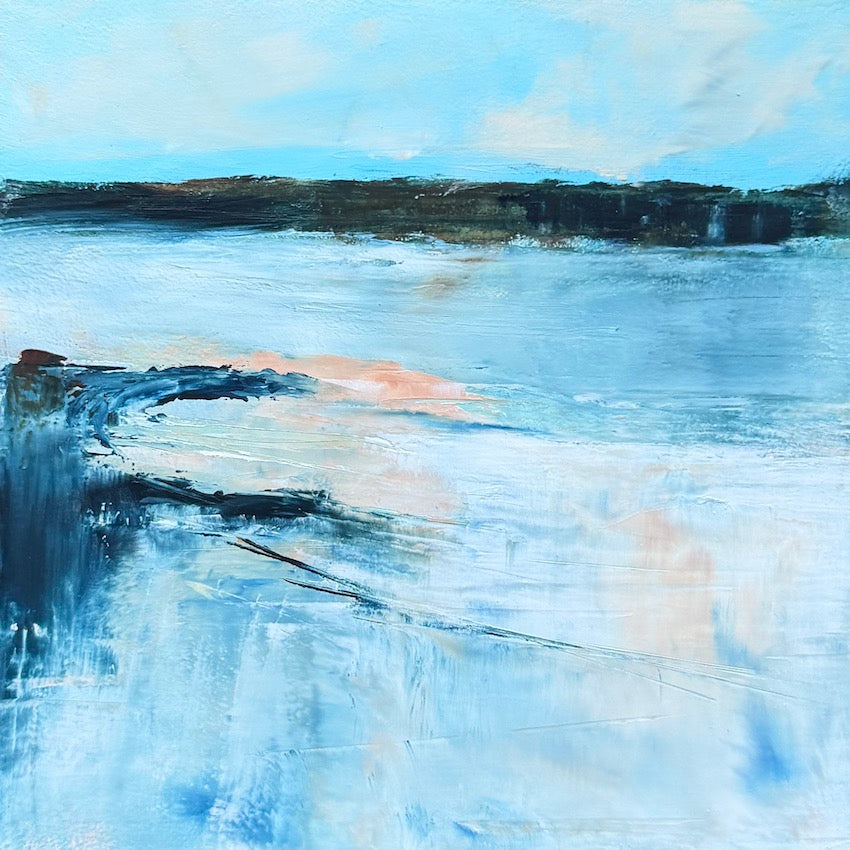 An abstract landscape painting featuring a light blue sky and water, a dark heaadland in the distance, and a soft peach highlight near the center by maggie cochran