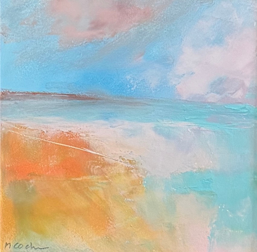 original oil painting of a coastal scene bathed in morning light