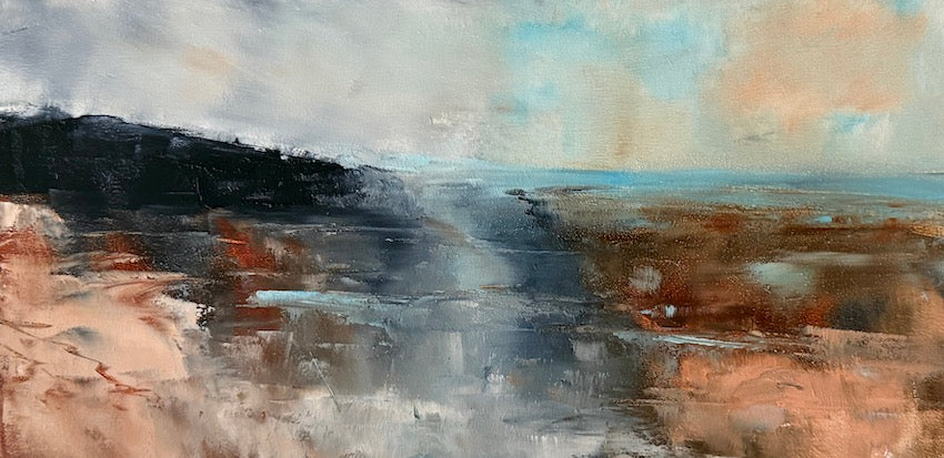 An abstract costal  landscape painting by maggie cochran