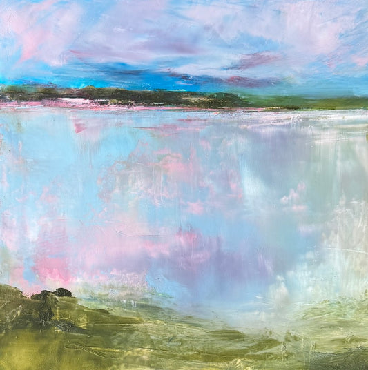 pink reflections on the water of this meditative coastal scene