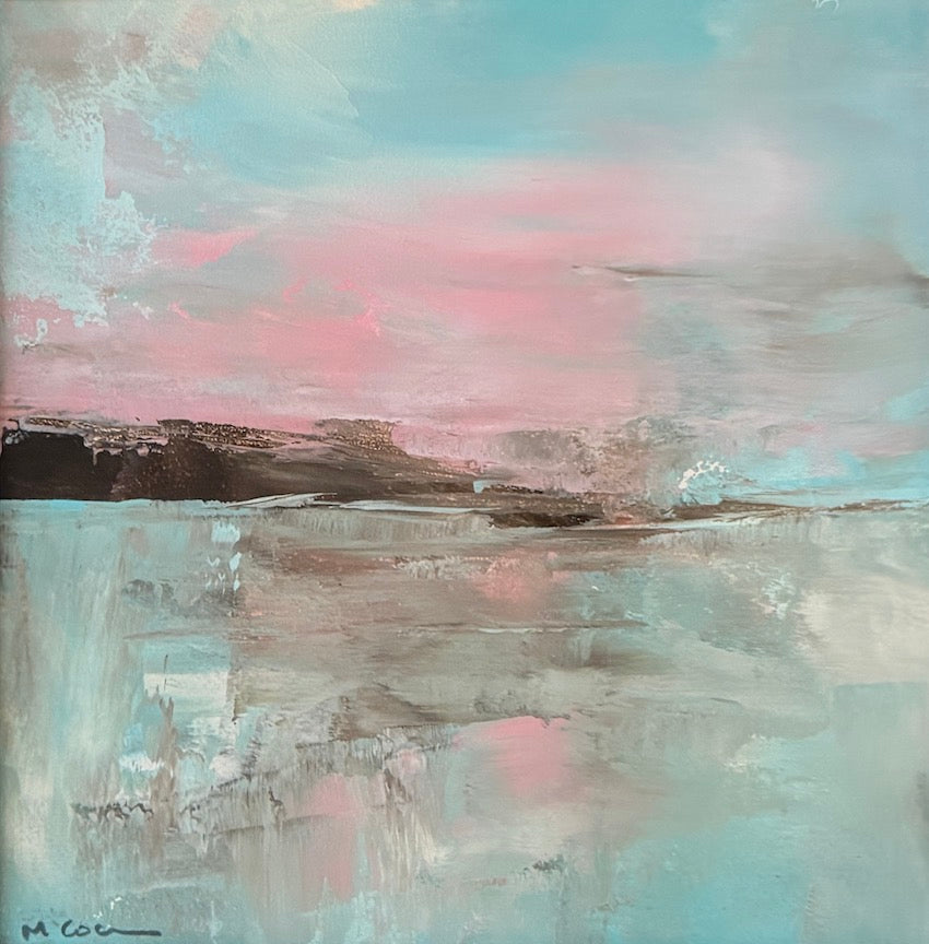 pink skies over a coastal scene acrylic painting