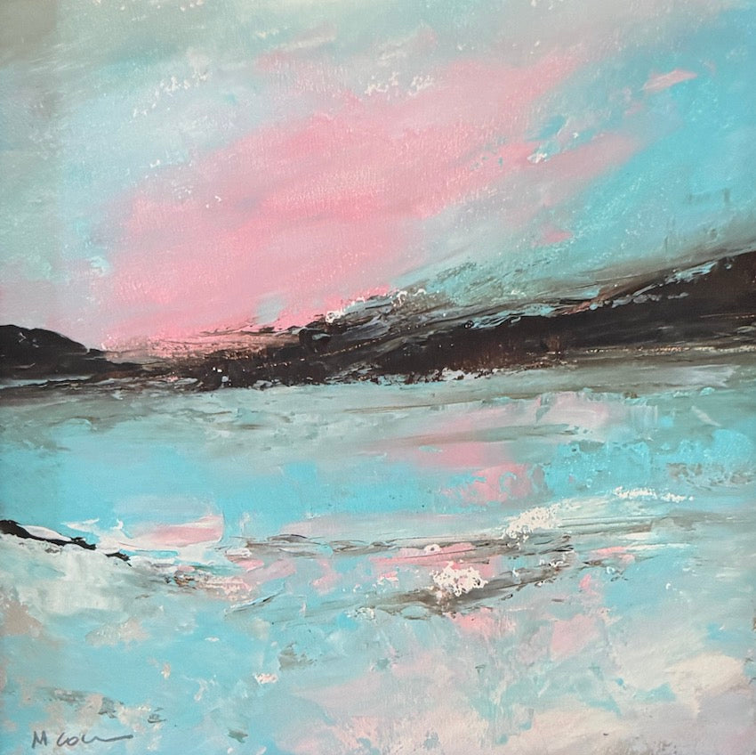 pink skies over a coastal landscape acrylic painting