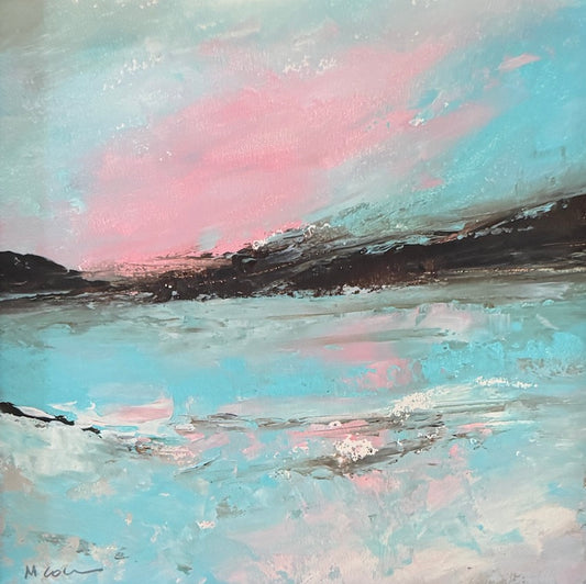 pink skies over a coastal landscape acrylic painting