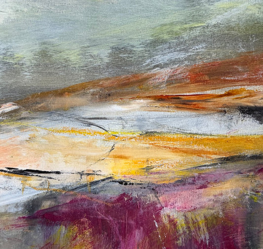 Abstract landscape painting with layered brushstrokes in grey, yellow, brown, and deep purple tones by Maggie Cochran