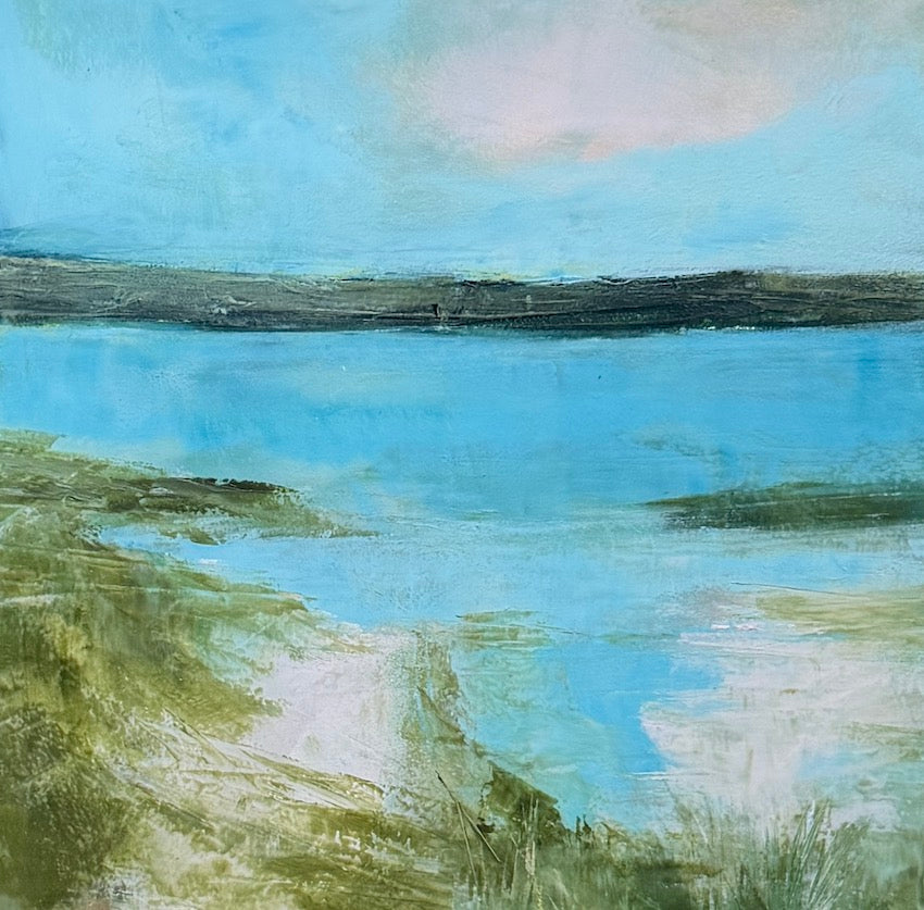 blue, green and pink Cornish coastal oil painting by Maggie Cochran