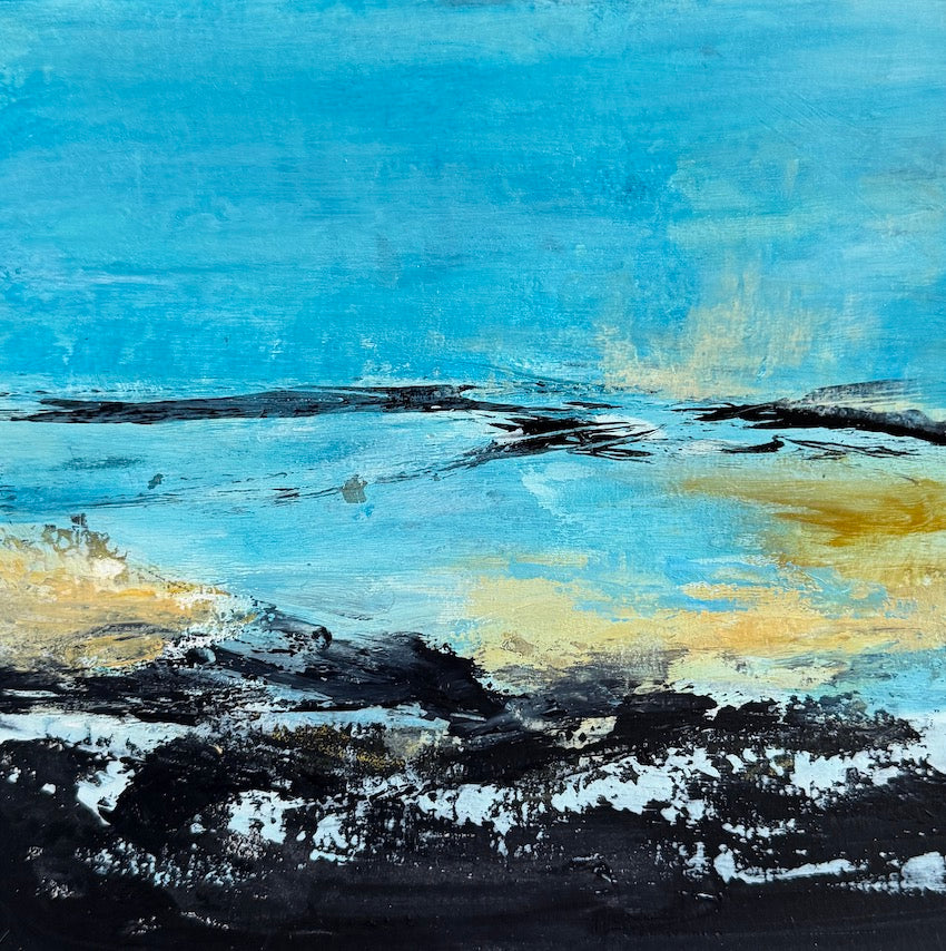 coastal painting in blue, ochre and black of a rocky shoreline