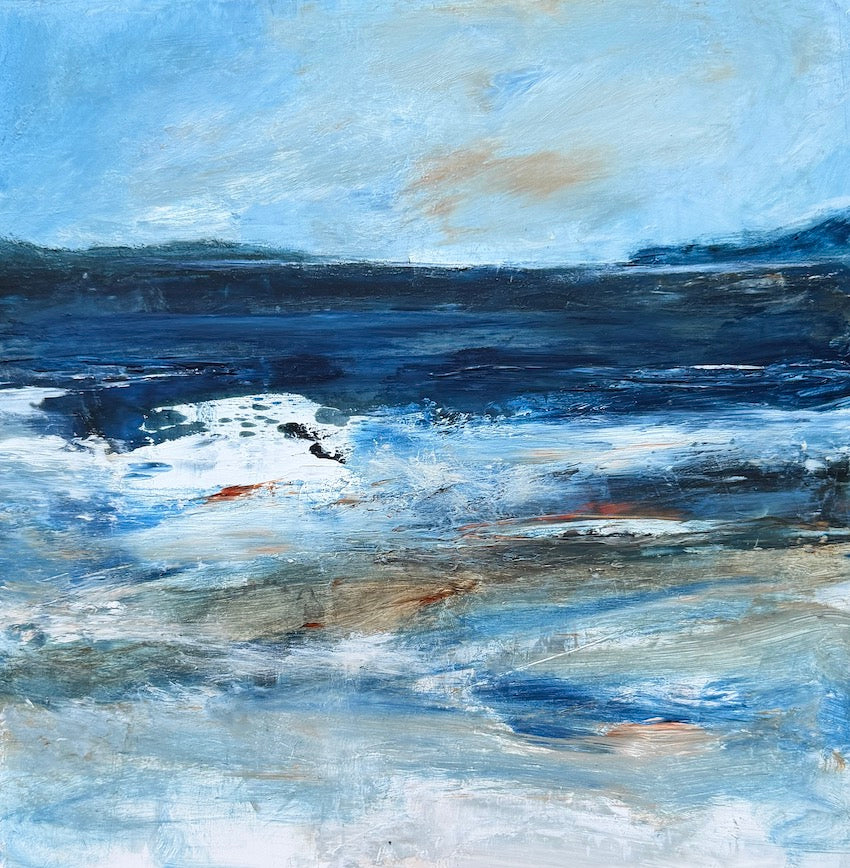 An abstract coastal landscape painting by maggie cochran