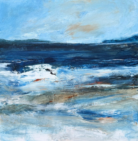 An abstract coastal landscape painting by maggie cochran