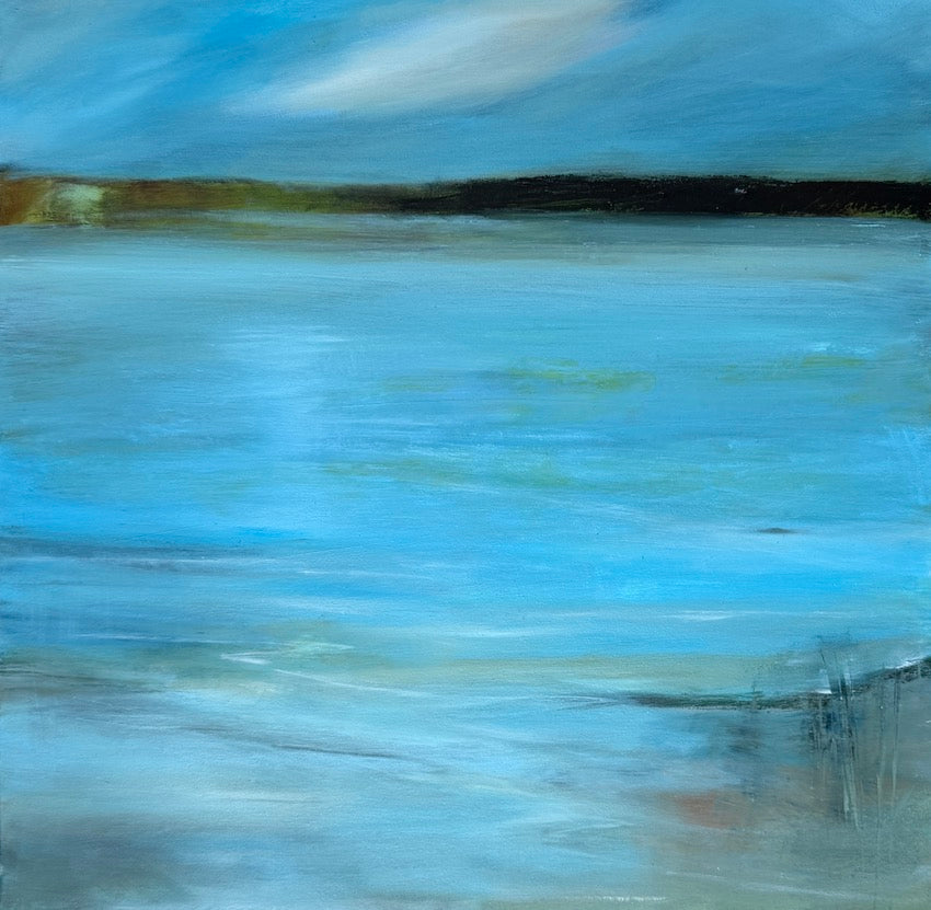 An abstract coastal landscape painting depicting a calm blue sea under a cloudy sky by Maggie Cochran