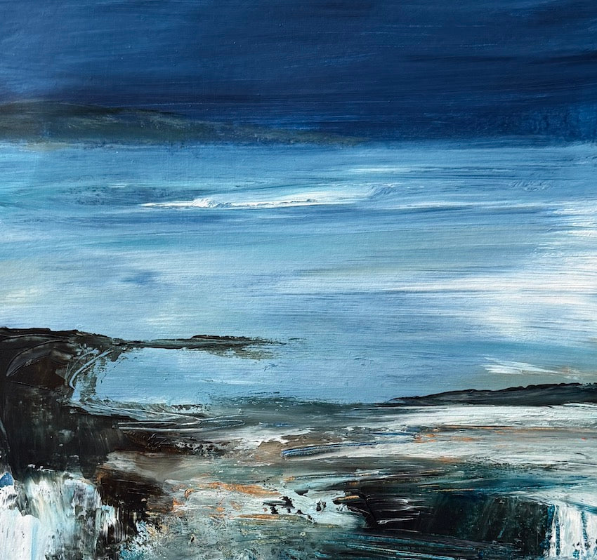 An abstract coastal landscape painting in blues and browns by Maggie Cochran