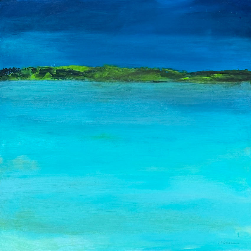 An abstract landscape painting featuring a deep blue sky, a thin strip of green hills, and a large turquoise water or sea-like foreground area by Maggie Cochran