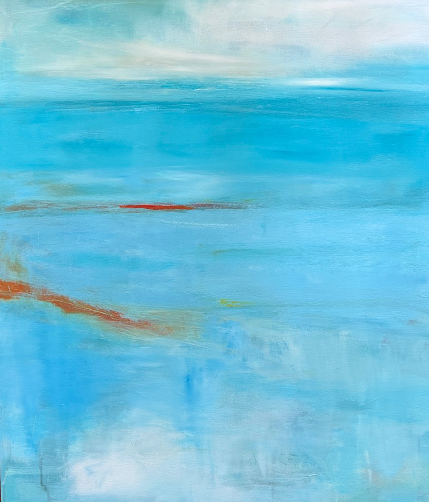 An abstract coastal landscape painting depicting a calm blue ocean under a soft white and light blue sky, with textured brushstrokes and subtle orange-red accents by maggie cochran