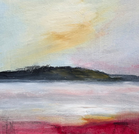 An abstract landscape painting featuring a dark headland under a pale evening sky, with a calm sea below by Maggie Cochran
