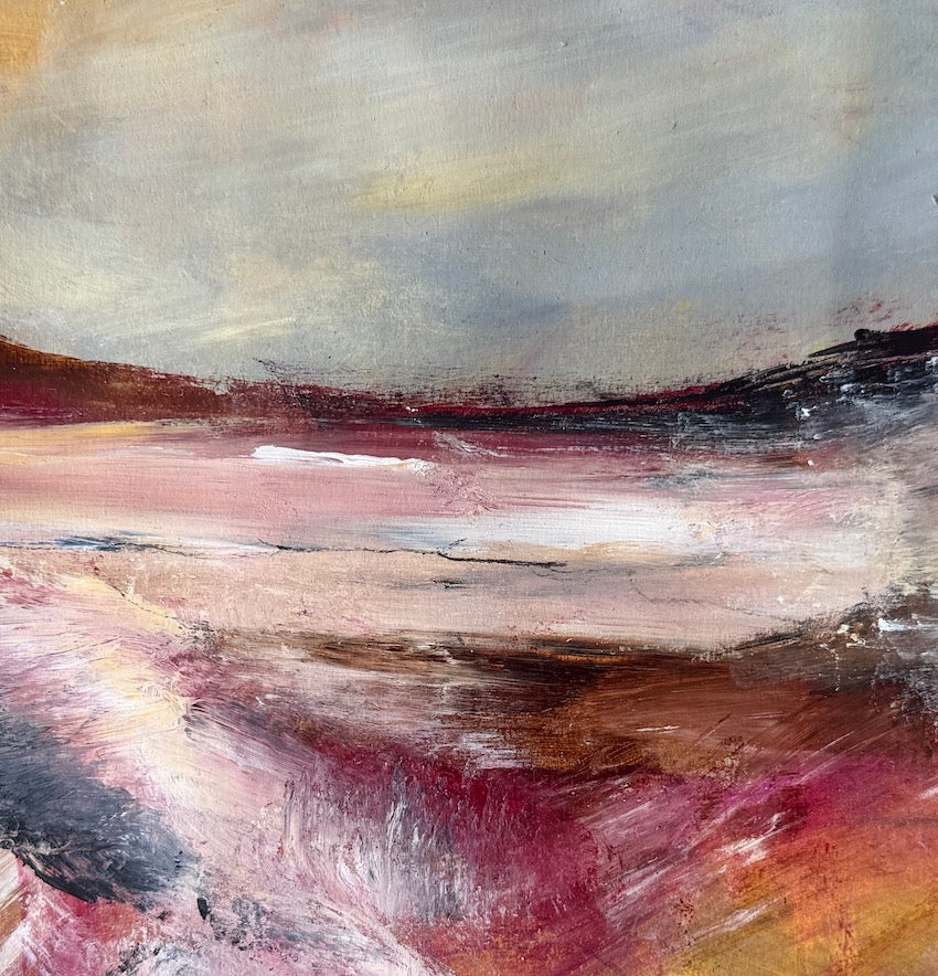 a dramatic coastal landscape in shade os pinks and browns by Maggie Cochran