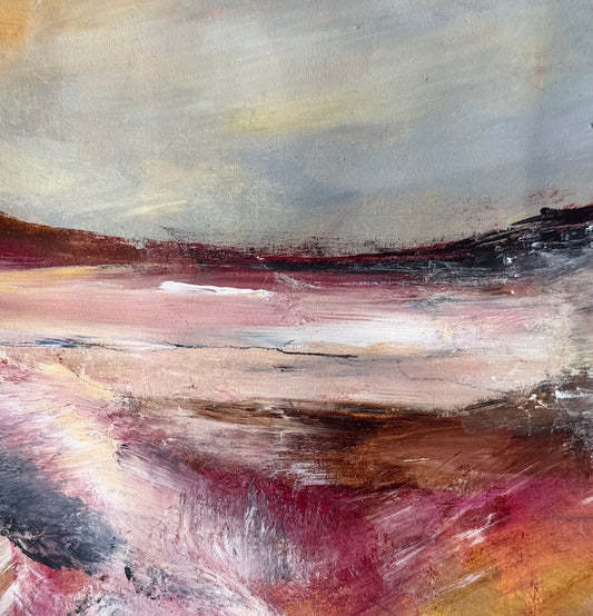 a dramatic coastal landscape in shade os pinks and browns by Maggie Cochran