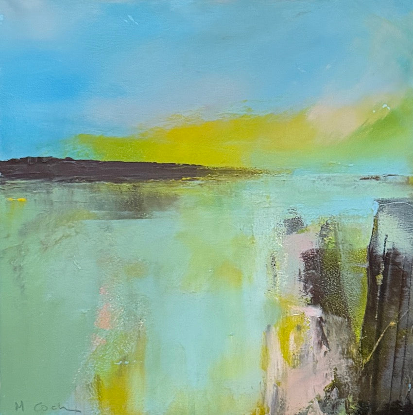 original framed oil painting of a coastal landscape bathed in warm golden light