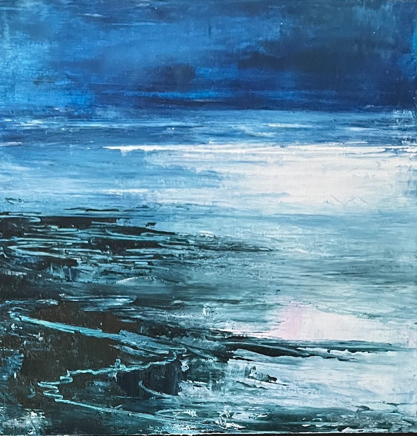 seascape, oil and cold wax, low tide, soothing waters by artist Maggie Cochran